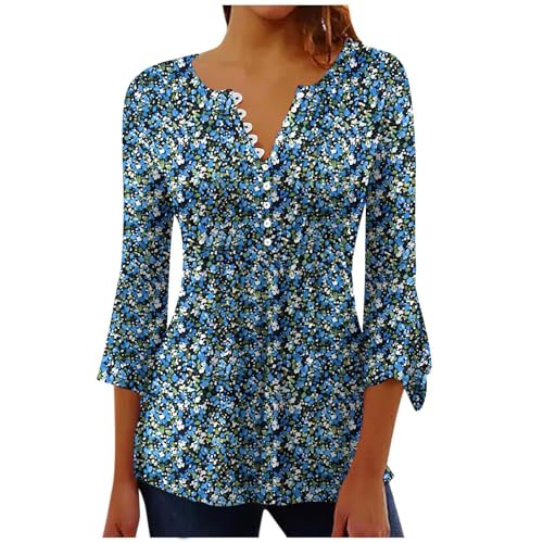 Blusen V-Ausschnitt Mit Knöpfen Damen Kurzarm Damen Basic Top Retro Blumenmuster Shirt Lässige Oberteile von Narnhuci