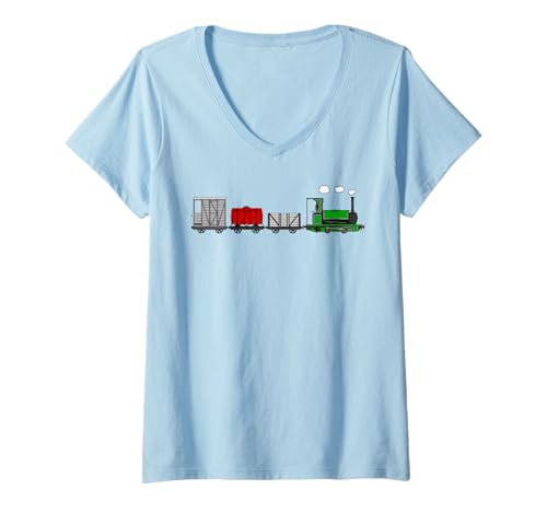 Damen Schmalspur-Dampfzug, Modelleisenbahn (Grün) T-Shirt mit V-Ausschnitt von Narrow Gauge Steam Train Railway By DoodleRob