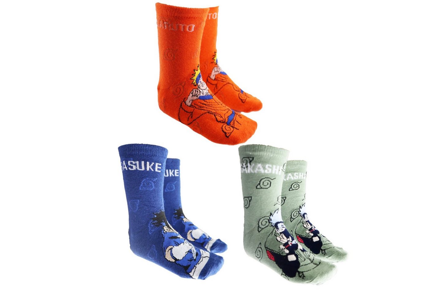 Naruto Freizeitsocken Naruto Shippuden Sasuke Kakashi Lange Kinder Socken 3er Pack Gr. 23 bis 34 von Naruto