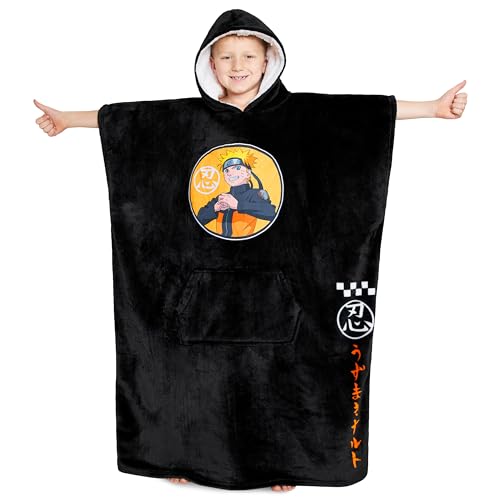 Naruto Hoodie Decke Kinder Jungen - Anime Übergröße Kuscheldecke mit Ärmeln - Warm Fleece Kapuzenpullover Teenager - Tragbare Pulli Decke (Schwarz) von Naruto