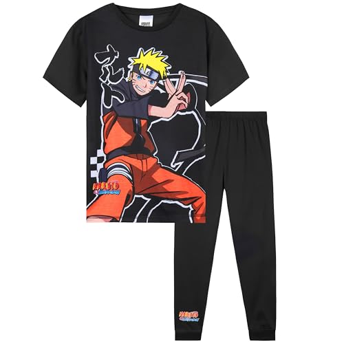 Naruto Shippuden Schlafanzug Jungen Loungewear Set Kurzarm T-Shirt und Lange Pyjama Hosen Anime Geschenk für Kinder Teens (11-12 Jahre, Schwarz) von Naruto