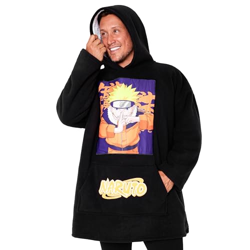 Naruto Übergroße Herren Hoodie Decke mit Ärmeln Oversized Kapuzenpullover Tragbare Decken Geschenke (Schwarz/Orange) von Naruto