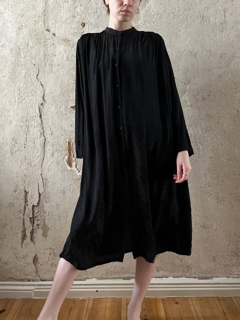 True Vintage Midi Kleid Hemdkleid Cartoon 50Er 60Er 70Er Schwarz Jacquard Onesize M L 38 40 Trad Goth Stehkragen 70S Does 40S von Narvhi