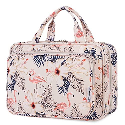 Narwey Kulturbeutel Damen Kulturtasche zum Aufhängen Waschtasche Kosmetiktasche Groß Waschbeutel Kosmetik-Organizer für Damen Mädchen(Beige Flamingo (Groß)) von Narwey