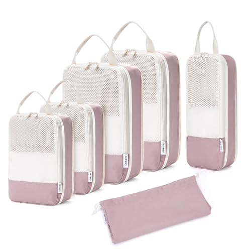 Narwey 6 Teilige Kompression Koffer Organizer, Compression Packing Cubes Backpack Koffer Organizer Set Kompression Packwürfel Rucksack, Kofferorganizer Travel Essentials for Damen (Altrosa) von Narwey