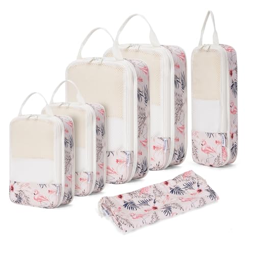 Narwey 6 Teilige Kompression Koffer Organizer, Compression Packing Cubes Backpack Koffer Organizer Set Kompression Packwürfel Rucksack, Kofferorganizer Travel Essentials for Damen (Beige Flamingo) von Narwey