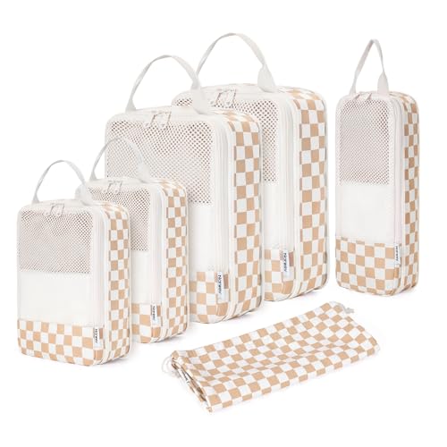 Narwey 6 Teilige Kompression Koffer Organizer, Compression Packing Cubes Backpack Koffer Organizer Set Kompression Packwürfel Rucksack, Kofferorganizer Travel Essentials for Damen (Checker Helles) von Narwey