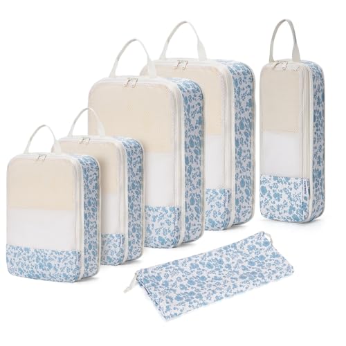 Narwey 6 Teilige Kompression Koffer Organizer, Compression Packing Cubes Backpack Koffer Organizer Set Kompression Packwürfel Rucksack, Kofferorganizer Travel Essentials for Damen (Kleine Blaue Blume) von Narwey