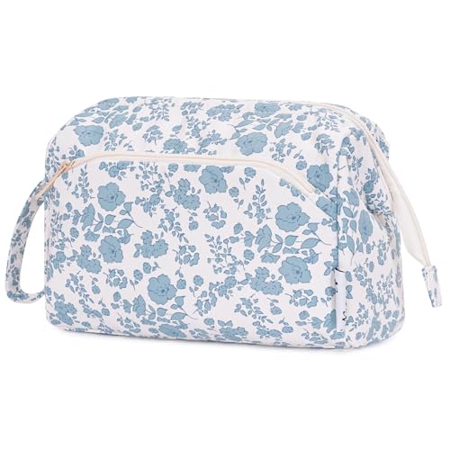 Narwey Kulturtasche Damen Kulturbeutel Kosmetiktasche Schminktasche Reise Make-up-Tasche mit Weit Offener Tasche für Damen Frauen (Kleine Blaue Blume) von Narwey