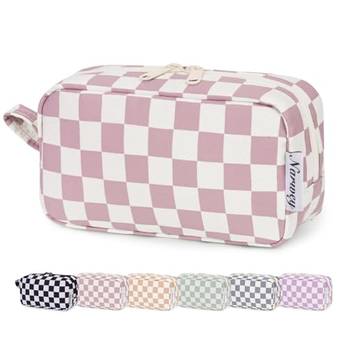 Kleine Make up Tasche für Handtasche, Karierte Kleine Kosmetiktasche Damen Schminktasche Klein, Kulturtasche Damen Klein Kulturbeutel, Makeup Tasche Makeup Bag (Dusty Rose Schachbrett, klein) von Narwey