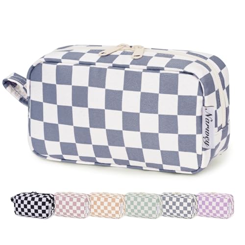 Kleine Make up Tasche für Handtasche, Karierte Kleine Kosmetiktasche Damen Schminktasche Klein, Kulturtasche Damen Klein Kulturbeutel, Makeup Tasche Makeup Bag (Graublaues Schachbrett, klein) von Narwey