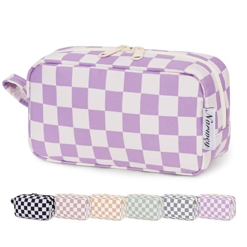 Kleine Make up Tasche für Handtasche, Karierte Kleine Kosmetiktasche Damen Schminktasche Klein, Kulturtasche Damen Klein Kulturbeutel, Makeup Tasche Makeup Bag (Lila Schachbrett, klein) von Narwey