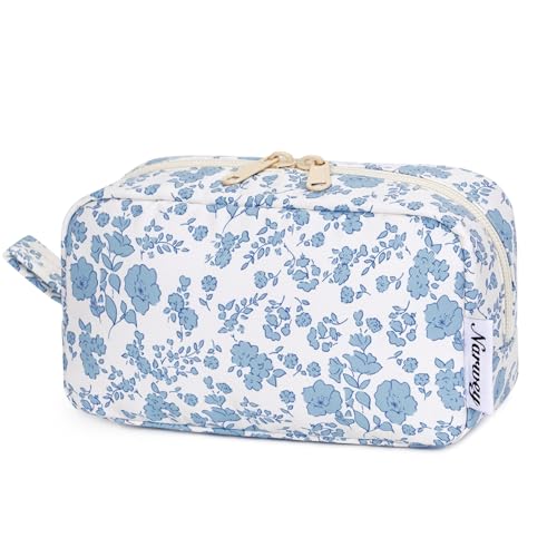 Narwey Make-up Taschen für Unterwegs Kleine Kosmetiktasche Leichter Kulturbeutel Reißverschluss Tasche Make-up Tasche für Damen und Herren (Kleine Blaue Blume,Klein) von Narwey