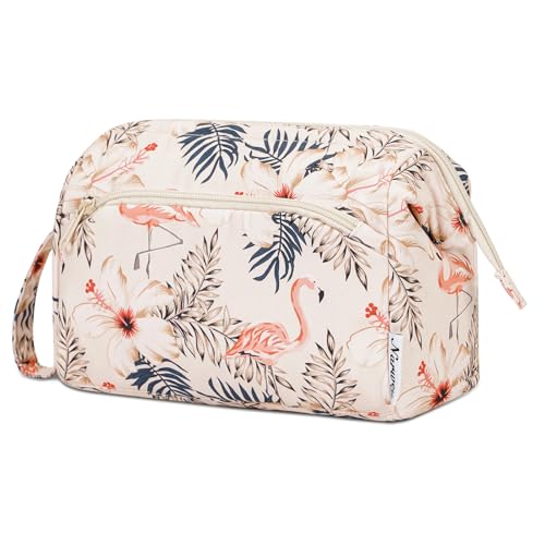 Narwey Reise Kosmetiktasche Schminktasche Make-up-Tasche mit Große Weit Offener Tasche für Damen Frauen(Beige Flamingo) von Narwey