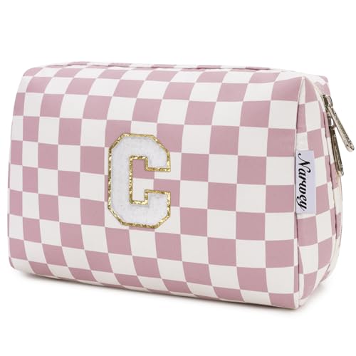 Personalisierte Make-up-Tasche mit Reißverschluss für Damen und Mädchen, Reise-Kosmetik-Organizer, Schachbrettmuster "Dusty Rose", C von Narwey