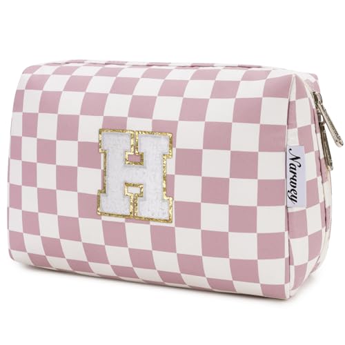 Personalisierte Make-up-Tasche mit Reißverschluss für Damen und Mädchen, Reise-Kosmetik-Organizer, Schachbrettmuster "Dusty Rose", H von Narwey