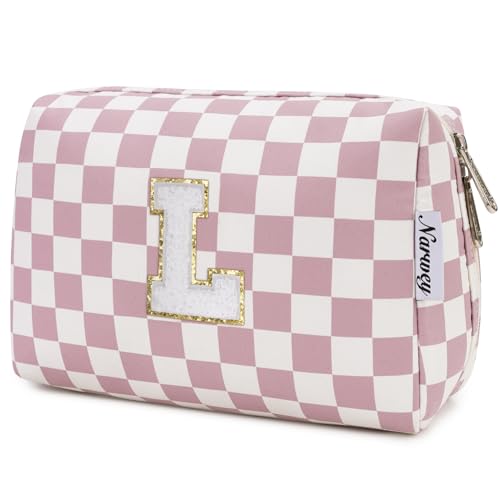 Personalisierte Make-up-Tasche mit Reißverschluss für Damen und Mädchen, Reise-Kosmetik-Organizer, Schachbrettmuster "Dusty Rose", L von Narwey
