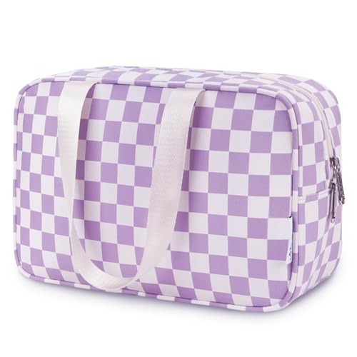 Karierte Kulturtasche Damen Gross, Kulturbeutel Groß Damen Kosmetiktasche Waschtasche Make up Tasche Organizer für Kinder and Frauen (Lila Schachbrett) von Narwey