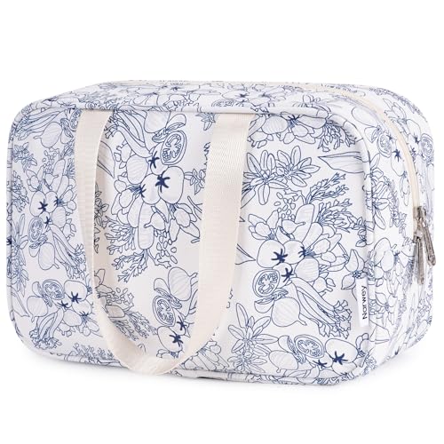 Volle Größe Kulturbeutel Große Kosmetiktasche Damen Waschtasche Reise Make-up Taschen Organizer für Kinder and Frauen (Marineblaue Blume) von Narwey