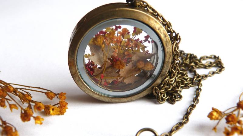 Echte Trockenblumen Halskette Bronze Wald Herbst Medaillon Echte Trockenblumen Halskette Bronze Wald Herbst Medaillon von NarwhalBlueberry