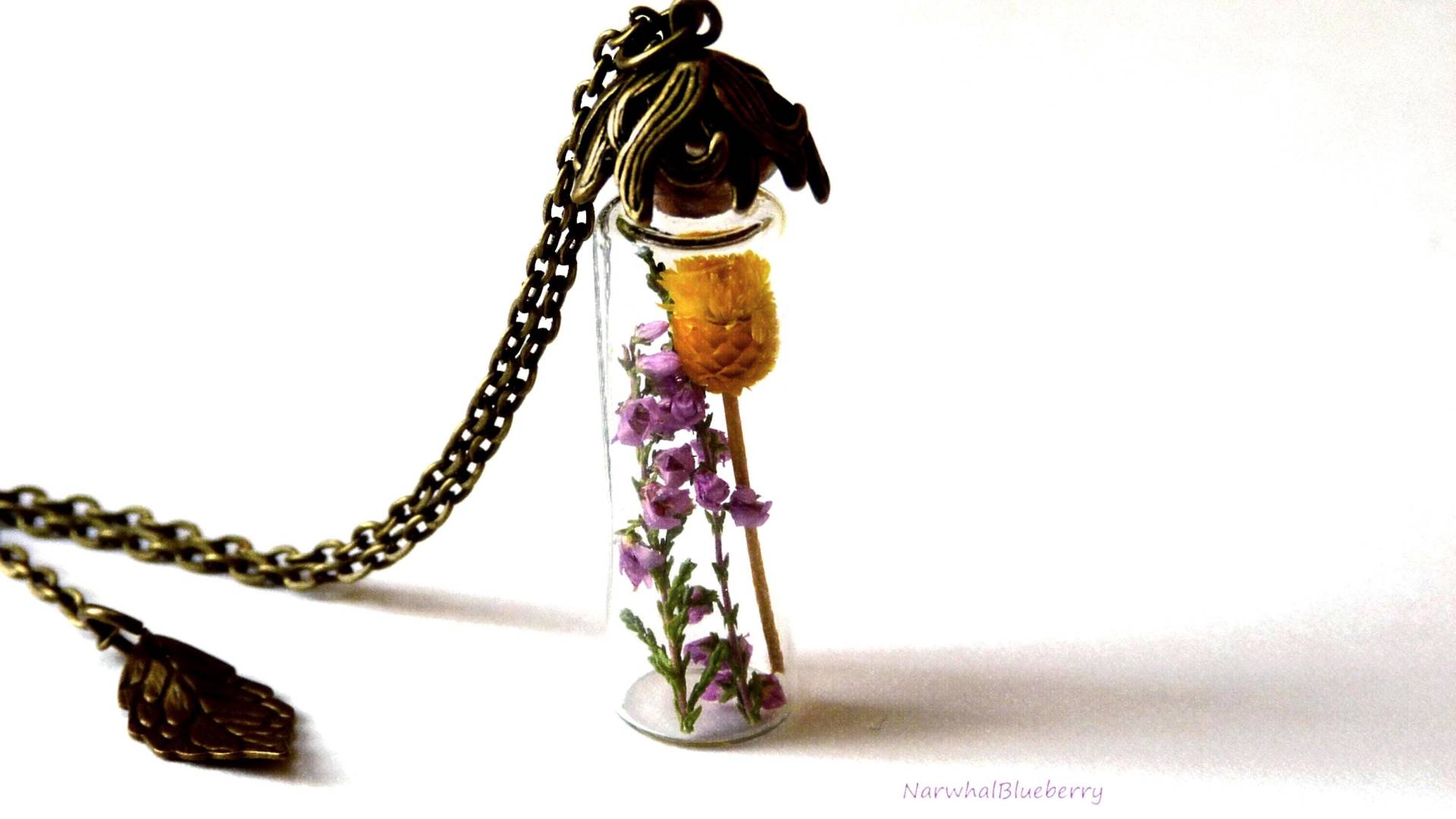 Miniatur Terrarium Halskette Echte Getrocknete Heide, Bronze Blütenkappe von NarwhalBlueberry