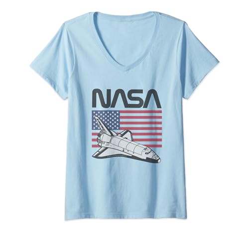 Damen NASA Americana Iconic Space Shuttle Flag Big Chest Poster V2 T-Shirt mit V-Ausschnitt von Nasa