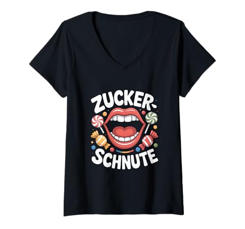 Damen Zuckerschnute Lustiger Süßigkeiten Spruch Mit Bonbons T-Shirt mit V-Ausschnitt Damen Zuckerschnute Lustiger Süßigkeiten Spruch Mit Bonbons T-Shirt mit V-Ausschnitt von Naschkatze Bonbon Lutscher Süßigkeiten Spruch