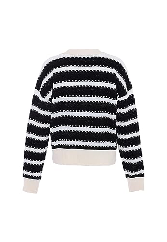 Nascita Women's Damen Gestreifter, modischer Strick-Cardigan mit V-Ausschnitt Acryl WOLLWEISS SCHWARZ Größe XS/S Sweater von nascita