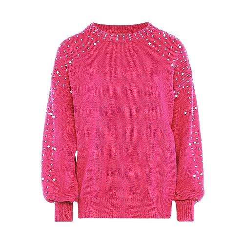 Nascita Women's Damen Perlenverzierter Rundhalsausschnitt und Ballonärmeln Polyester PINK Größe M/L Pullover Sweater, M von nascita
