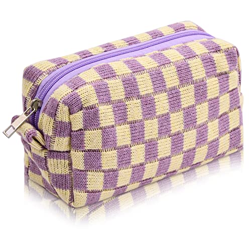 Kosmetiktasche Klein Make Up Organizer Schachbrett Schminktasche Make Up Tasche Travel Essentials Mäppchen Federmäppchen Pencil Case (Gelb+Lila) von Naseom