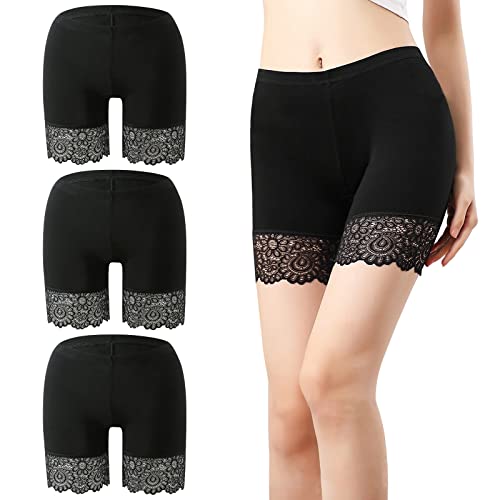 Naseom Anti-Chafing Spitze Shorts 3 Stück Lace Leggings Boxershorts mit Anti-Rutsch Spitzenrand Unterrock Shorts Damen Boxershorts für Unter Röcken und Kleidern Damen Mädchen (Schwarz) (L) von Naseom