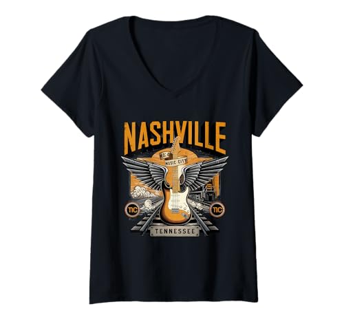 Damen Nashville Music City Tshirt Women Men Tennessee Rock Country T-Shirt mit V-Ausschnitt Damen Nashville Music City Tshirt Women Men Tennessee Rock Country T-Shirt mit V-Ausschnitt von Nashville Music City Tshirt Herren Damen Tennessee