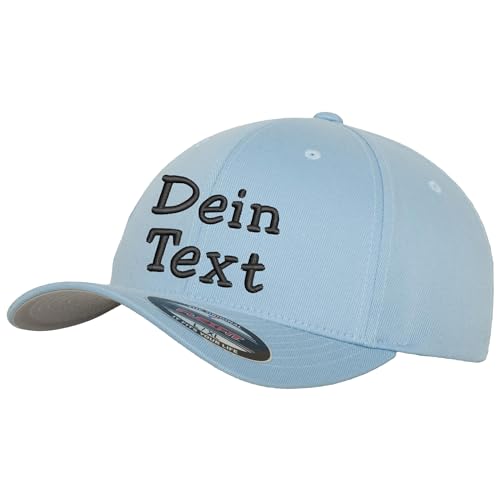 Flexfit Wooly Combed Basecap Bestickt mit Wunschtext (DE/NL/SE/PL, Alphanumerisch, XS, S, Carolina Blue) von Nashville print factory