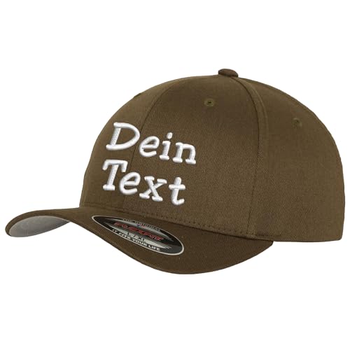 Flexfit Wooly Combed Basecap Bestickt mit Wunschtext (DE/NL/SE/PL, Alphanumerisch, XS, S, Olive) von Nashville print factory