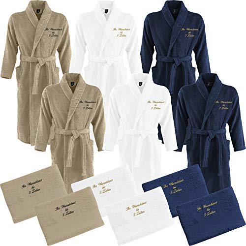 Nashville print factory 2 x Bademantel + 2 x Duschtuch bestickt mit Name Partner-Look Sauna Hotel Morgenmantel | 3 Farben (L/XL, Hellbraun/Sand) von Nashville print factory
