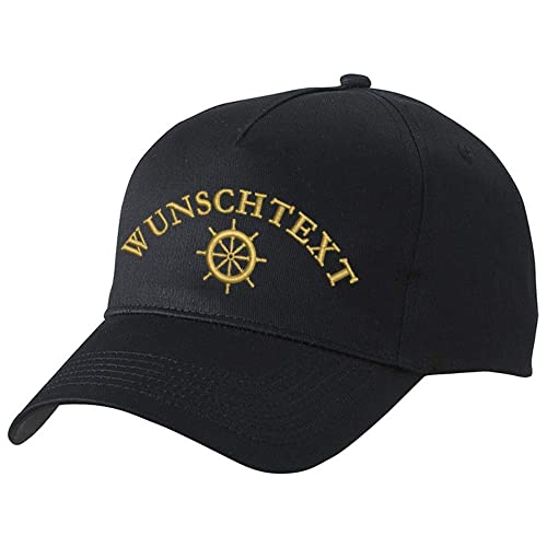 Nashville print factory Basecap Bestickt mit Motiv Anker/Steuerrad/Kompass-Rose Captain Kapitän Steuermann Mütze Cappy (Schwarz, Steuerrad + Wunschtext) von Nashville print factory