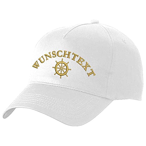 Nashville print factory Basecap Bestickt mit Motiv Anker/Steuerrad/Kompass-Rose Captain Kapitän Steuermann Mütze Cappy (Weiß, Steuerrad + Wunschtext) von Nashville print factory