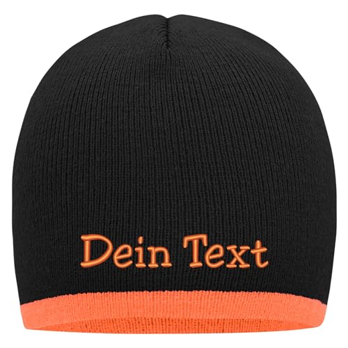 Nashville print factory Beanie mit farbigem Kontrastrand Bestickt mit Name oder Wunschtext Strickmütze Mütze (Black/Orange) von Nashville print factory