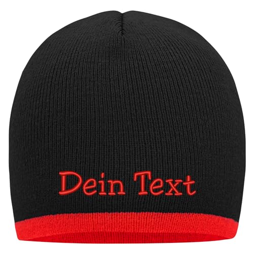 Nashville print factory Beanie mit farbigem Kontrastrand Bestickt mit Name oder Wunschtext Strickmütze Mütze (Black/Red) von Nashville print factory