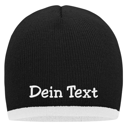 Nashville print factory Beanie mit farbigem Kontrastrand Bestickt mit Name oder Wunschtext Strickmütze Mütze (Black/White) von Nashville print factory