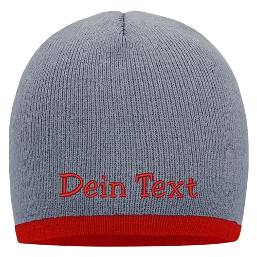 Nashville print factory Beanie mit farbigem Kontrastrand Bestickt mit Name oder Wunschtext Strickmütze Mütze (Light Grey/Burgundy) von Nashville print factory