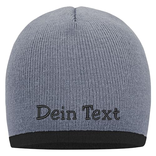 Nashville print factory Beanie mit farbigem Kontrastrand Bestickt mit Name oder Wunschtext Strickmütze Mütze (Light Grey/Dark Grey) von Nashville print factory