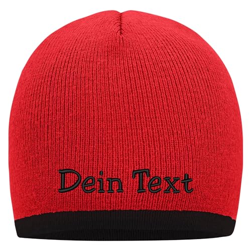 Nashville print factory Beanie mit farbigem Kontrastrand Bestickt mit Name oder Wunschtext Strickmütze Mütze (Red/Black) von Nashville print factory