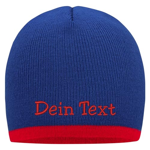 Nashville print factory Beanie mit farbigem Kontrastrand Bestickt mit Name oder Wunschtext Strickmütze Mütze (Royal/Red) von Nashville print factory