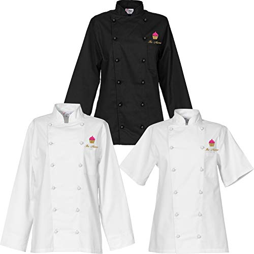 Nashville print factory Damen-Kochjacke Bäckerjacke mit Motiv Cupcake Stickerei + Name bestickt (Schwarz Langarm, XS) von Nashville print factory