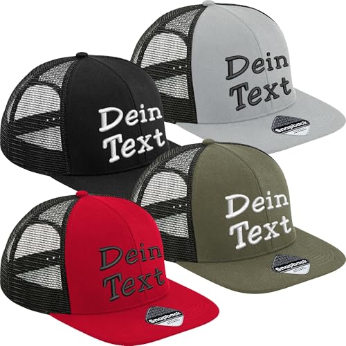 Nashville print factory Original Flat Peak 6 Panel Trucker Cap mit Wunschtext Bestickt Basecap mit Netz Mesh-Cap (DE/NL/SE/PL, Alphanumerisch, Einheitsgröße, Black/Black) von Nashville print factory