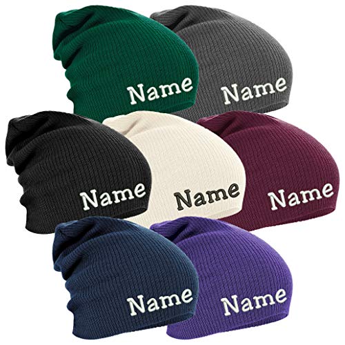 Nashville print factory Slouch Beanie Strickmütze Mütze warm lässig Bestickt mit Name/Wunschtext (Dunkelblau) von Nashville print factory