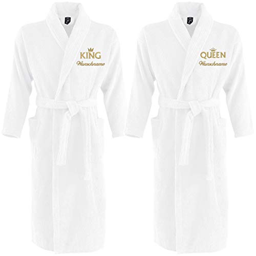 Nashville print factory Sol´s Bademantel Palace Morgenmantel bestickt mit Wunschname und Motiv/KING/QUEEN/Krone Gold Partner-Look Sauna Bad Name (L/XL, KING & QUEEN + Namen) von Nashville print factory