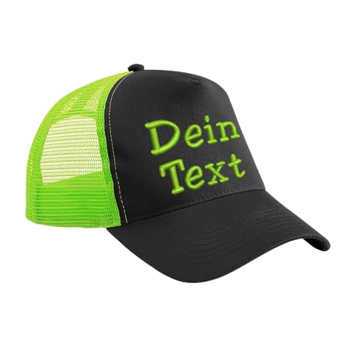 Nashville print factory Trucker Snapback Cap Bestickt mit Wunschtext Name Stickerei Wunschstickerei Mütze Basecap (Black/Lime Green) von Nashville print factory