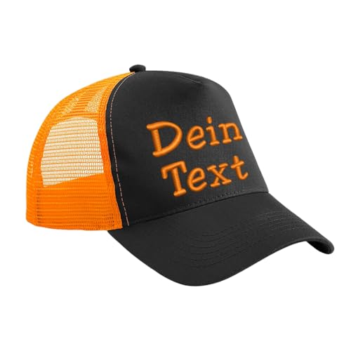 Nashville print factory Trucker Snapback Cap Bestickt mit Wunschtext Name Stickerei Wunschstickerei Mütze Basecap (Black/Orange) von Nashville print factory
